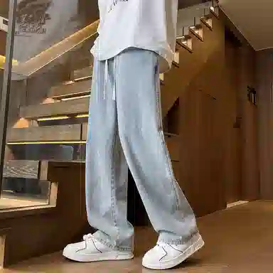 顶峰保罗 美式潮牌复古宽松直筒阔腿薄款水洗做旧休闲透气高街百搭牛仔裤 男女同款