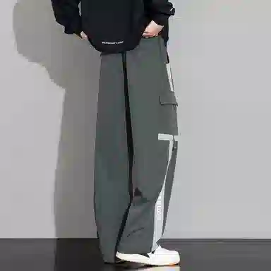 顶峰保罗 美式潮牌条纹拼接工装大口袋伞兵裤无性别主义宽松加肥加大直筒运动长裤简约百搭弹力抽绳显高显瘦高街阔腿垂感休闲裤 男女同款