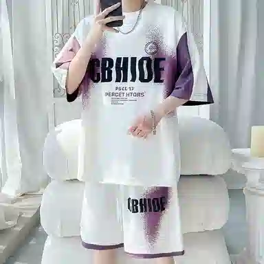 顶峰保罗 冰丝圆领字母印花百搭宽松潮牌学院风无性别主义休闲运动套装 男女同款