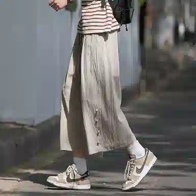 顶峰保罗 新中式纯棉薄款宽松阔腿国潮无性别主义纯色潮牌盘扣七分裤弹力抽绳显高直筒大码休闲短裤 男女同款