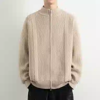 顶峰保罗 日系慵懒风潮牌立领双拉链开衫外套高街百搭无性别主义宽松大码休闲运动纯色上衣显高显瘦轻熟风毛衣 男女同款