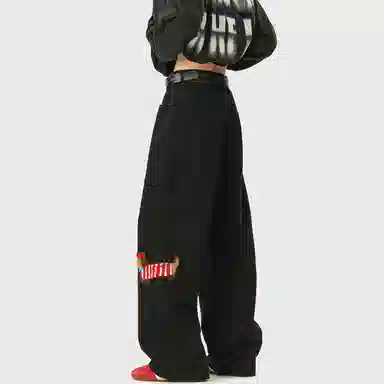 顶峰保罗 美式腊肠小狗刺绣直筒阔腿长裤百搭宽松重磅情侣潮牌凉感透气设计感显瘦显高休闲裤 男女同款