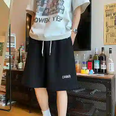 顶峰保罗 纯色简约百搭字母印花直筒五分裤美式复古潮牌宽松小众高街痞帅舒适休闲短裤 男女同款