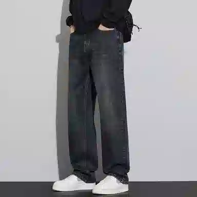 顶峰保罗 美式潮牌直筒阔腿无性别主义休闲复古高街水洗做旧运动长裤弹力显高显瘦宽松大码简约百搭加绒加厚垂感牛仔裤 男女同款