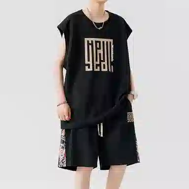 顶峰保罗 新中式印花背心短裤搭配一套宽松潮流时尚休闲运动套装 男女同款