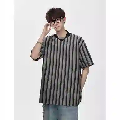 顶峰保罗 竖条纹拼接撞色复古打底衫上衣日系潮牌宽松小众百搭凉感薄款舒适翻领短袖衬衫 男女同款