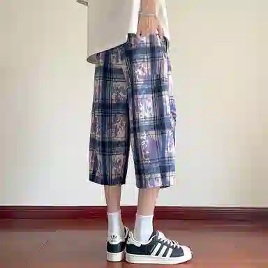 顶峰保罗 扎染格子迷彩七分裤子冰丝薄款运动时尚百搭设计感无性别主义直筒过膝加肥加大码休闲短裤 男女同款