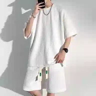 顶峰保罗 简约小众设计感冰丝薄款舒适无性别主义圆领短袖上衣美式潮牌宽松短裤休闲运动套装 男女同款