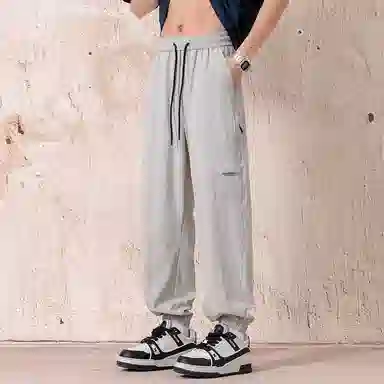 顶峰保罗 冰丝网孔潮牌薄款垂感无性别主义束脚长裤时尚百搭设计感直筒宽松运动抽绳大码休闲裤 男女同款