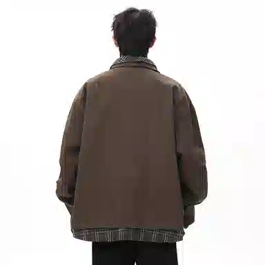 顶峰保罗 美式假两件格纹拼接翻领长袖外套无性别主义休闲复古潮牌宽松大码上衣简约百搭显高显瘦夹克 男女同款