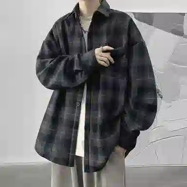 顶峰保罗 美式复古格子衬衣宽松百搭无性别主义小众设计感痞帅外套休闲简约时尚开衫直筒长袖衬衫 男女同款