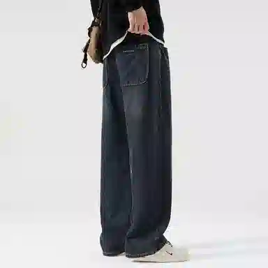 顶峰保罗 美式潮牌阔腿无性别主义直筒休闲复古高街水洗做旧运动长裤弹力显高显瘦宽松大码简约百搭加绒加厚垂感牛仔裤 男女同款