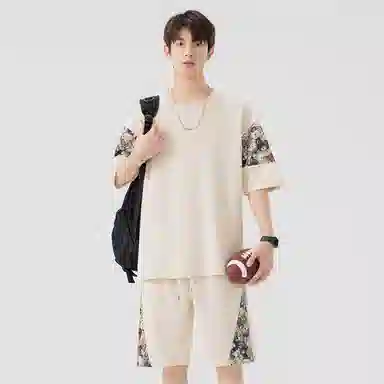 顶峰保罗 冰丝薄款圆领刺绣拼接短袖舒适潮流短裤一整套搭配无性别主义松紧腰弹力凉感透气百搭宽松时尚健身跑步速干休闲运动套装 男女同款