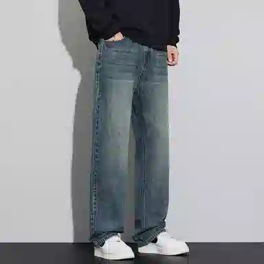 顶峰保罗 美式潮牌直筒阔腿无性别主义休闲复古高街水洗做旧运动长裤弹力显高显瘦宽松大码简约百搭加绒加厚垂感牛仔裤 男女同款