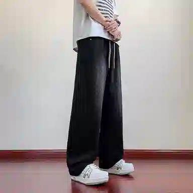 顶峰保罗 撞色抽绳凉感透气美式弯刀直筒长裤复古潮流情侣薄款宽松休闲小众百搭大码阔腿牛仔裤 男女同款