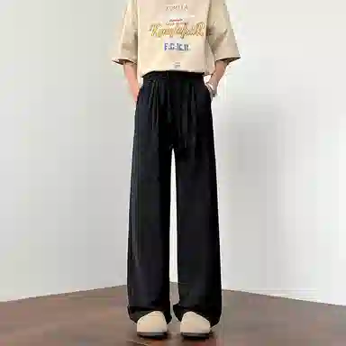 顶峰保罗 美式复古潮牌凉感舒适薄款直筒长裤竖条纹理感宽松小众百搭显瘦拖地阔腿休闲裤 男女同款