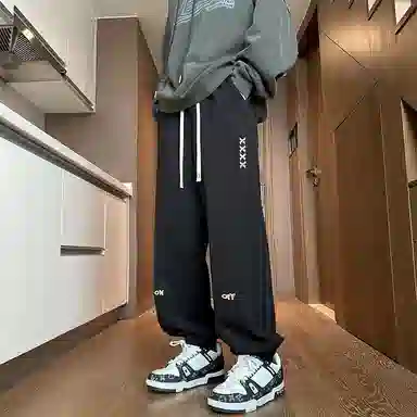 顶峰保罗 美式潮牌字母直筒阔腿高级设计感卫裤无性别主义潮流百搭宽松大码运动束脚休闲裤 男女同款