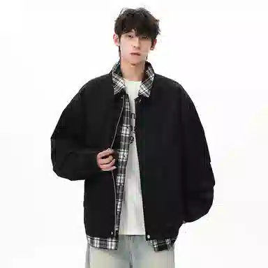 顶峰保罗 美式假两件格纹拼接翻领长袖外套无性别主义休闲复古潮牌宽松大码上衣简约百搭显高显瘦夹克 男女同款