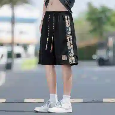 顶峰保罗 中式潮牌痞帅潮流刺绣运动无性别主义五分裤子薄款加肥加大码国风时尚百搭设计感休闲短裤 男女同款