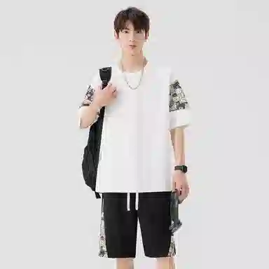 顶峰保罗 冰丝薄款圆领刺绣拼接短袖舒适潮流短裤一整套搭配无性别主义松紧腰弹力凉感透气百搭宽松时尚健身跑步速干休闲运动套装 男女同款