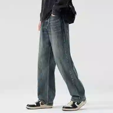 顶峰保罗 美式潮牌阔腿无性别主义直筒休闲复古高街水洗做旧运动长裤弹力显高显瘦宽松大码简约百搭加绒加厚垂感牛仔裤 男女同款