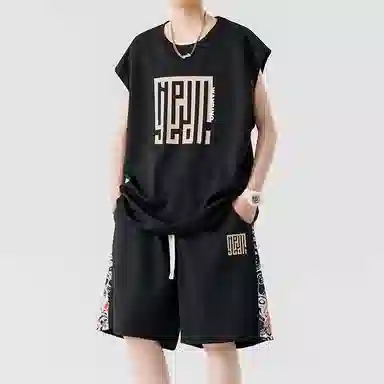 顶峰保罗 新中式印花背心短裤搭配一套宽松潮流时尚休闲运动套装 男女同款