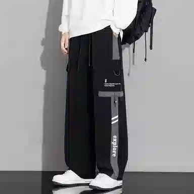 顶峰保罗 美式潮牌条纹拼接工装大口袋伞兵裤无性别主义宽松加肥加大直筒运动长裤简约百搭弹力抽绳显高显瘦高街阔腿垂感休闲裤 男女同款