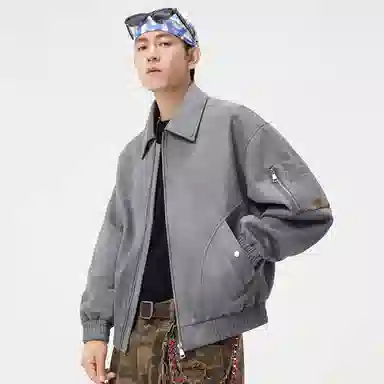 顶峰保罗 美式潮牌翻领麂皮绒工装上衣无性别主义直筒纯色高街宽松大码休闲高级感百搭长袖飞行夹克 男女同款