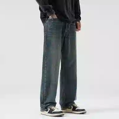 顶峰保罗 美式潮牌阔腿无性别主义直筒休闲复古高街水洗做旧运动长裤弹力显高显瘦宽松大码简约百搭加绒加厚垂感牛仔裤 男女同款