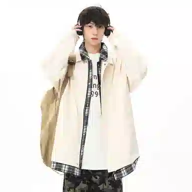 顶峰保罗 美式假两件格纹拼接翻领长袖外套无性别主义休闲复古潮牌宽松大码上衣简约百搭显高显瘦夹克 男女同款