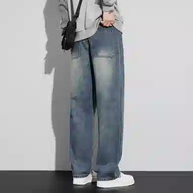 顶峰保罗 美式复古高街水洗做旧星空纹阔腿无性别主义直筒休闲运动潮牌长裤弹力显高显瘦宽松大码简约百搭加绒加厚垂感牛仔裤 男女同款