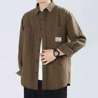 顶峰保罗 美式复古工装长袖衬衫无性别主义宽松百搭翻领开衫单排扣纯棉上衣休闲时尚潮牌夹克 男女同款