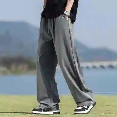 顶峰保罗 美式冰丝侧边条纹薄款潮牌垂感宽松阔腿无性别主义直筒运动长裤百搭弹力抽绳显高垂顺休闲裤 男女同款