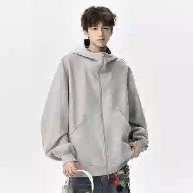 顶峰保罗 美式重磅连帽开衫双头拉链外套无性别主义休闲潮牌高街百搭上衣简约时尚纯色痞帅慵懒风长袖卫衣 男女同款