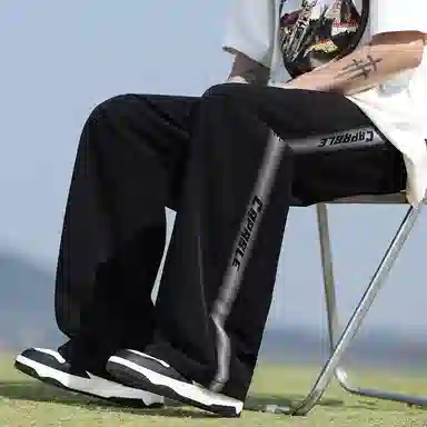 顶峰保罗 美式冰丝侧边条纹薄款潮牌垂感宽松阔腿无性别主义直筒运动长裤百搭弹力抽绳显高垂顺休闲裤 男女同款