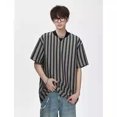 顶峰保罗 竖条纹拼接撞色复古打底衫上衣日系潮牌宽松小众百搭凉感薄款舒适翻领短袖衬衫 男女同款