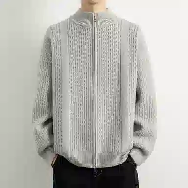 顶峰保罗 日系慵懒风潮牌立领双拉链开衫外套高街百搭无性别主义宽松大码休闲运动纯色上衣显高显瘦轻熟风毛衣 男女同款