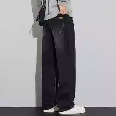 顶峰保罗 美式潮牌直筒阔腿无性别主义休闲复古高街水洗做旧运动长裤弹力显高显瘦宽松大码简约百搭加绒加厚垂感牛仔裤 男女同款