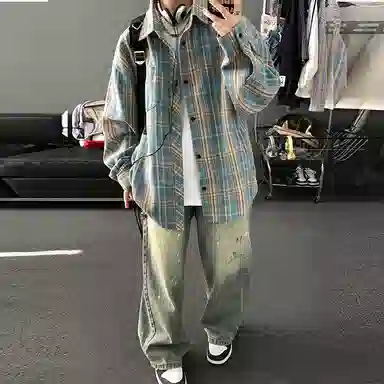 顶峰保罗 美式复古撞色格子宽松休闲衬衣外套春秋穿搭情侣款通勤潮流百搭高级感翻领衬衫 男女同款