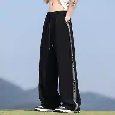 顶峰保罗 美式冰丝侧边条纹薄款潮牌垂感宽松阔腿无性别主义直筒运动长裤百搭弹力抽绳显高垂顺休闲裤 男女同款