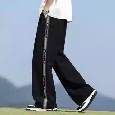 顶峰保罗 美式冰丝侧边条纹薄款潮牌垂感宽松阔腿无性别主义直筒运动长裤百搭弹力抽绳显高垂顺休闲裤 男女同款