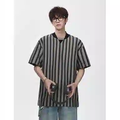 顶峰保罗 竖条纹拼接撞色复古打底衫上衣日系潮牌宽松小众百搭凉感薄款舒适翻领短袖衬衫 男女同款