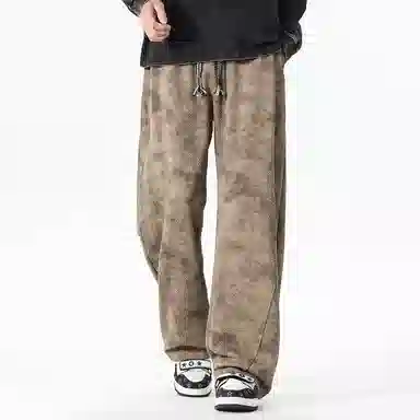 顶峰保罗 美式高街宽松大码长裤垂感复古做旧潮牌简约百搭显高显瘦痞帅直筒运动拖地休闲裤 男女同款