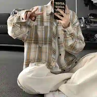 顶峰保罗 美式复古撞色格子宽松休闲衬衣外套春秋穿搭情侣款通勤潮流百搭高级感翻领衬衫 男女同款