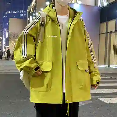 顶峰保罗 美式条纹拼接撞色拉链休闲工装长袖连帽上衣无性别主义直筒宽松加肥加大简约百搭潮牌高街夹克外套 男女同款