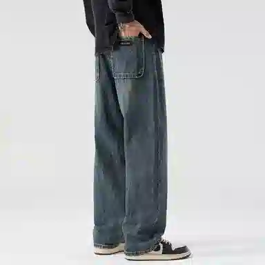 顶峰保罗 美式潮牌阔腿无性别主义直筒休闲复古高街水洗做旧运动长裤弹力显高显瘦宽松大码简约百搭加绒加厚垂感牛仔裤 男女同款