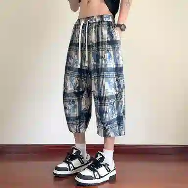 顶峰保罗 扎染格子迷彩七分裤子冰丝薄款运动时尚百搭设计感无性别主义直筒过膝加肥加大码休闲短裤 男女同款