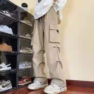 顶峰保罗 冰丝速干褶皱工装无性别主义长裤松紧腰弹力显高显瘦宽松大码透气百搭简约大口袋休闲裤 男女同款