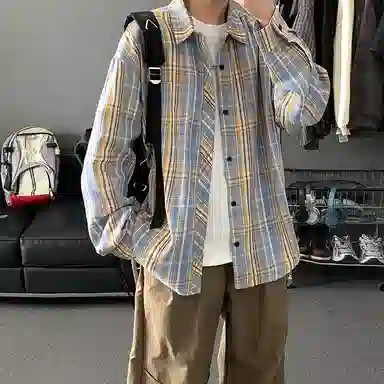 顶峰保罗 美式复古撞色格子宽松休闲衬衣外套春秋穿搭情侣款通勤潮流百搭高级感翻领衬衫 男女同款