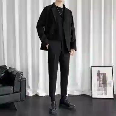 顶峰保罗 冰丝纯色通勤极简风西服外套内搭九分裤一整套宽松大码百搭简约时尚垂感英伦休闲西装套装 男女同款